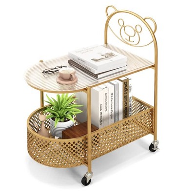 2-Tier Mobile Glass Coffee Table with Bear Pattern Storage Basket Metal Frame