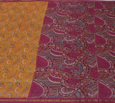 Sushila Vintage Senf Sari 100 % reine Seide bedruckt Blumen weicher Handarbei... - Bild 1 von 4