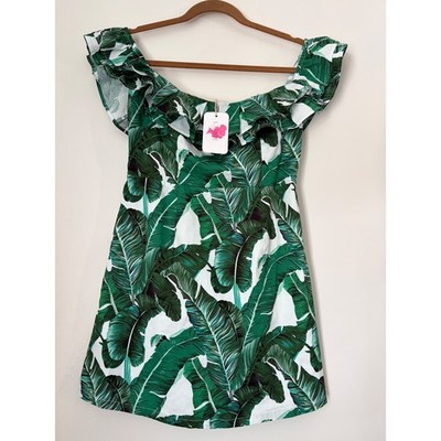 green banana leaf dress L'ATISTE by Amy White Tropical Ruffle Off Shoulder Sz M fairy leaf dress