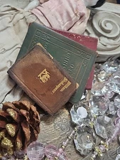 SHAKESPEARE , OLD CHRISTMAS Brown Red N Green Antique Little Leather 1920s TRIO