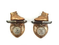 Set of Vintage Copper Wall Sconce Baby Shoes on a Shelf Planter w Initials D M