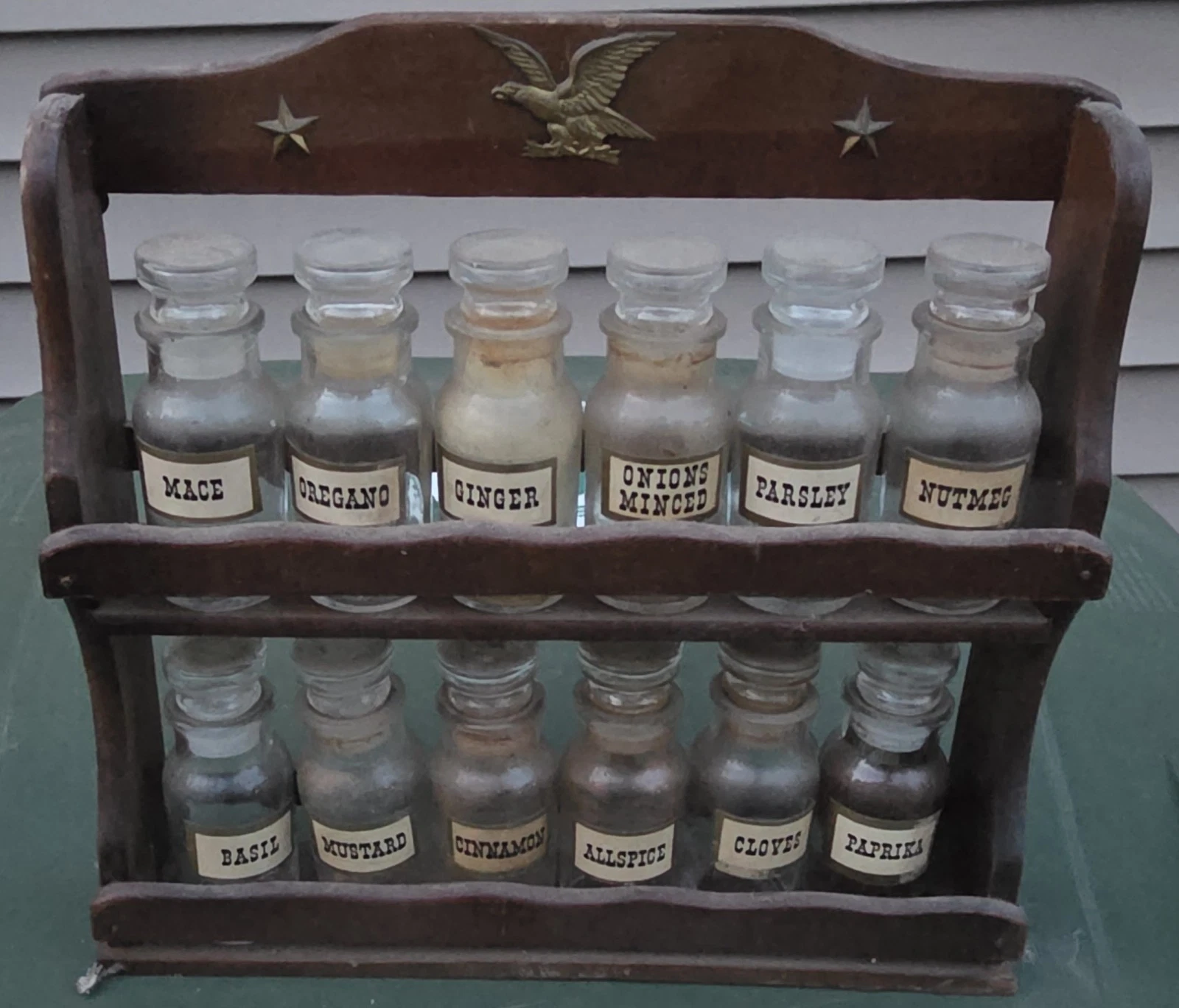 Vintage Spice Rack Wood with 12 Apothecary Glass Jars With Labels Colonial Eagle