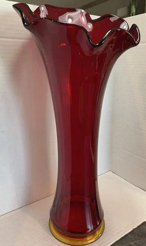Large Grande Ruby Red Fenton Swung Ruffle Top Yellow Base Vase Glows