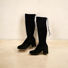 Womens Faux Suede BLACK Over The Knee Boots 3 in Heel with Shoe Strings At Back