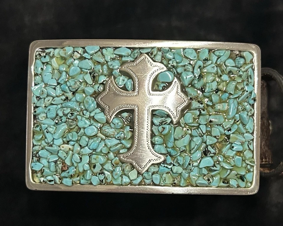 Cinturón para mujer Nocona de cuero marrón en relieve con hebilla cruzada turquesa talla M. Foto 3 de 4