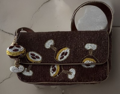Brown Beaded Shoulder Bag Martini Glass Motif Cocktail Theme with Pouch