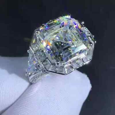 Real Moissanite 4Ct Asscher Cut Halo Women Engagement Ring 14K White Gold Plated