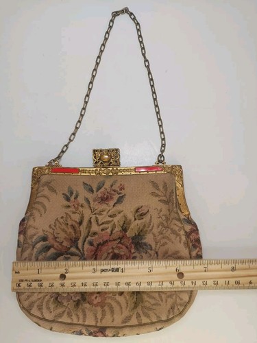Antique Floral Tapestry Handbag Detailed Gold Tone Frame With Gemstone Clasp - Picture 12 of 16