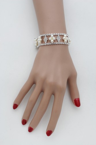 Women Silver Bracelet Fashion Metal Bling Fancy Rhinestones Imitation Pearl Bead - Picture 4 of 12