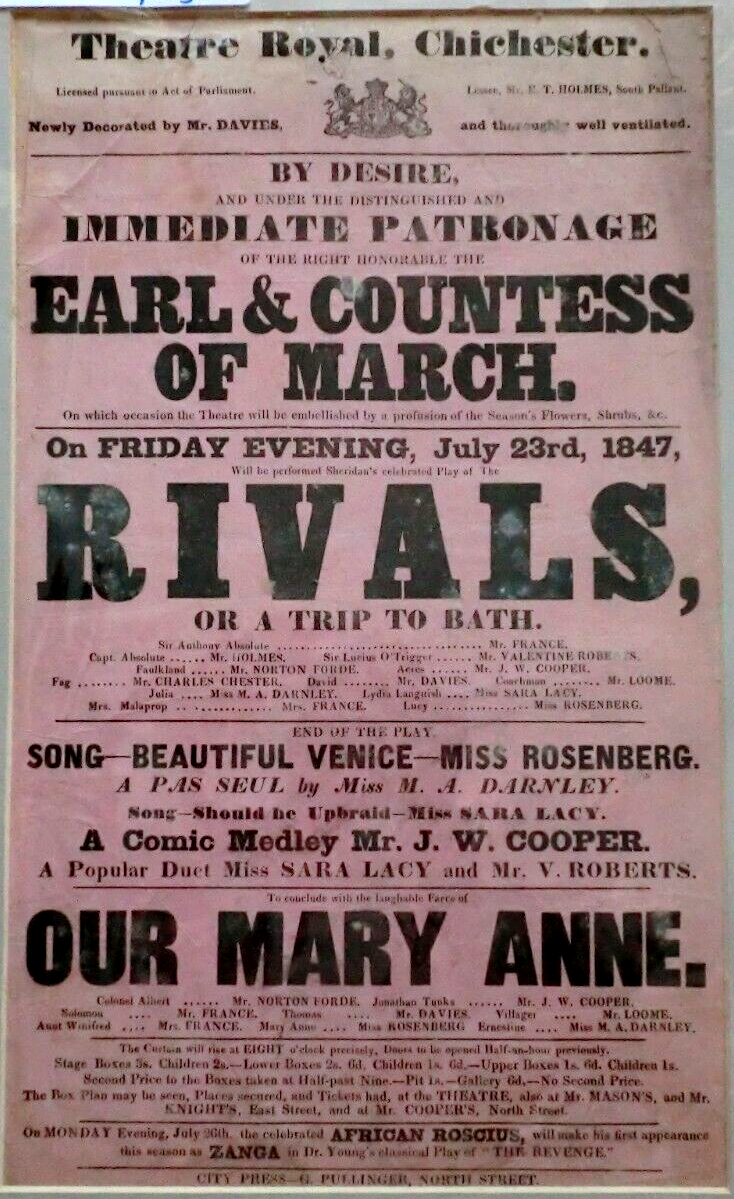 Rare Victorian Chichester Theatre Playbill (1841) Rivals & Our Mary