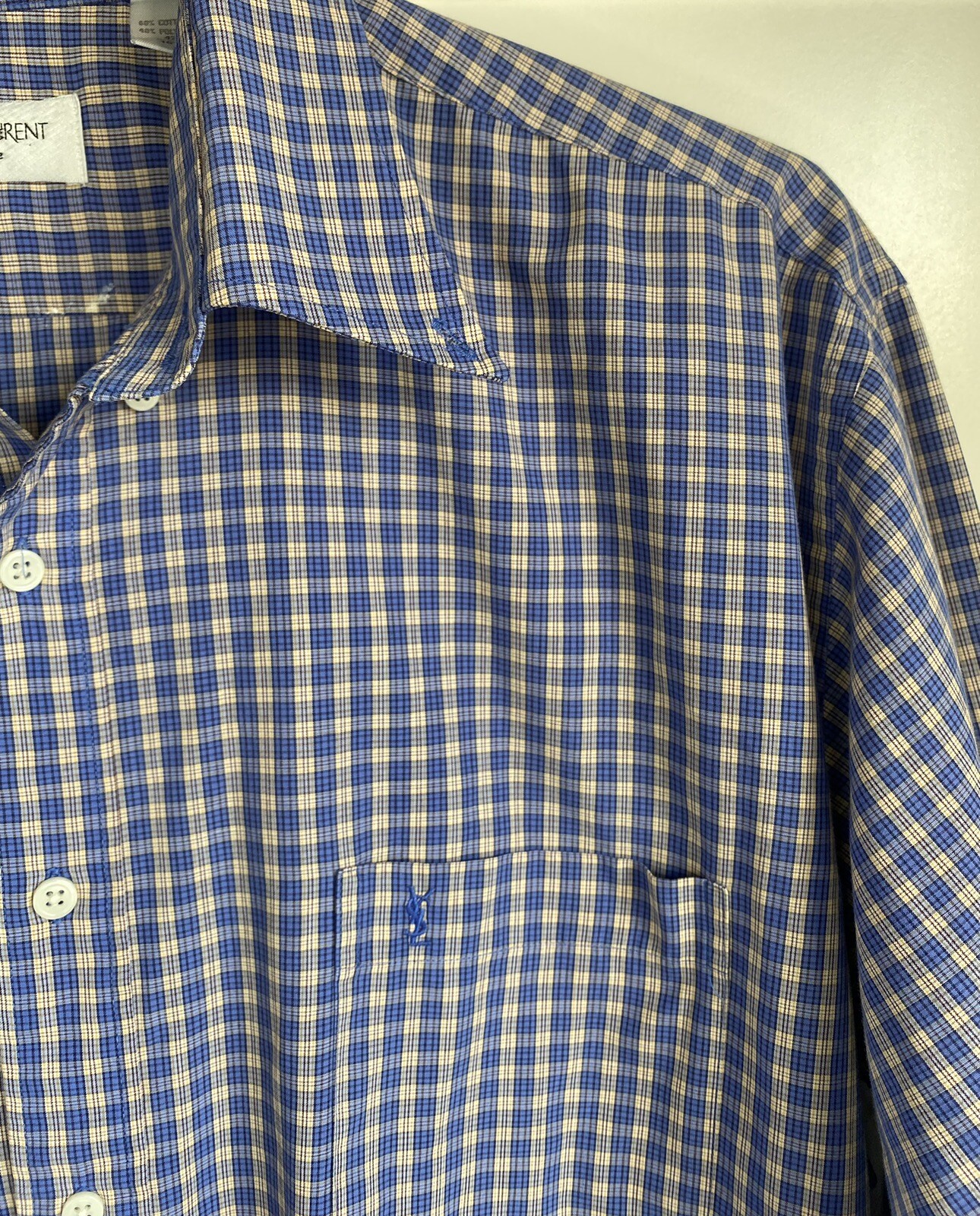 Camicia vintage a scacchi blu Yves Saint Laurent rilassata grande 42 (50 pollici petto) 16 5