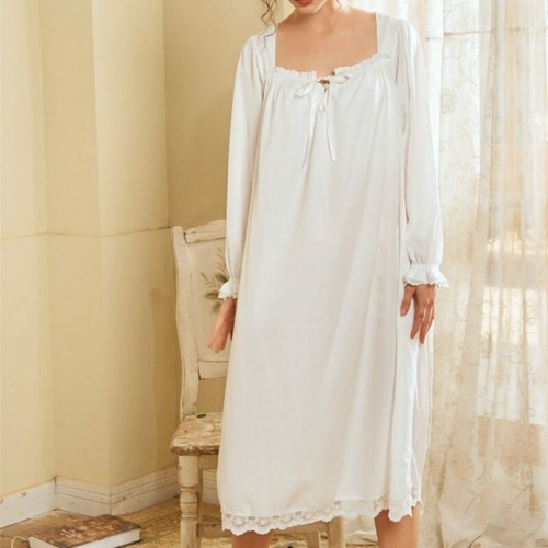Womens Lace Night Dress Retro Ruffles Sleepwear Square Neck Nightwear Long Dress - Picture 5 of 13