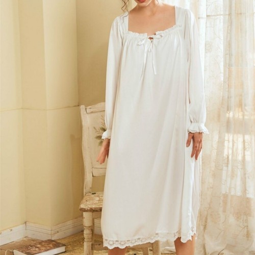 Lady Lace Night Dress Retro Lolita Sleepwear Nightwear Square Neck Ruffles Soft - Picture 1 of 13