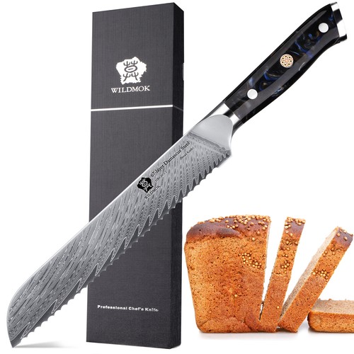WILDMOK 8 Inch Resin Handle 67 Layer Damascus Serrated VG10 Steel Bread Knives - Picture 14 of 15