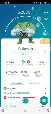  PVP BEASTS!   LVL50 SHINY POLIWRATH +2ND MOVE + 2800CP  - PKMN GO-NON REG