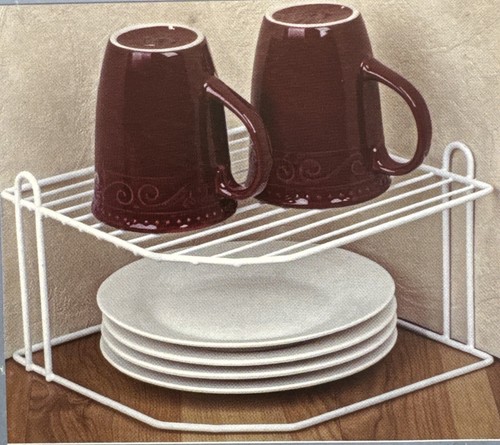 Corner Shelf for Kitchen Counter Cabinet or Pantry Plate Holder White Wire 2 Pk - Picture 2 of 3