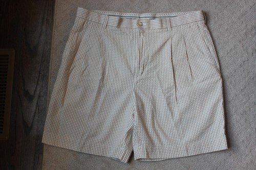 Mens Oxford Golf Tan Brown Khaki White Seersucker Shorts Size 38 100% Cotton