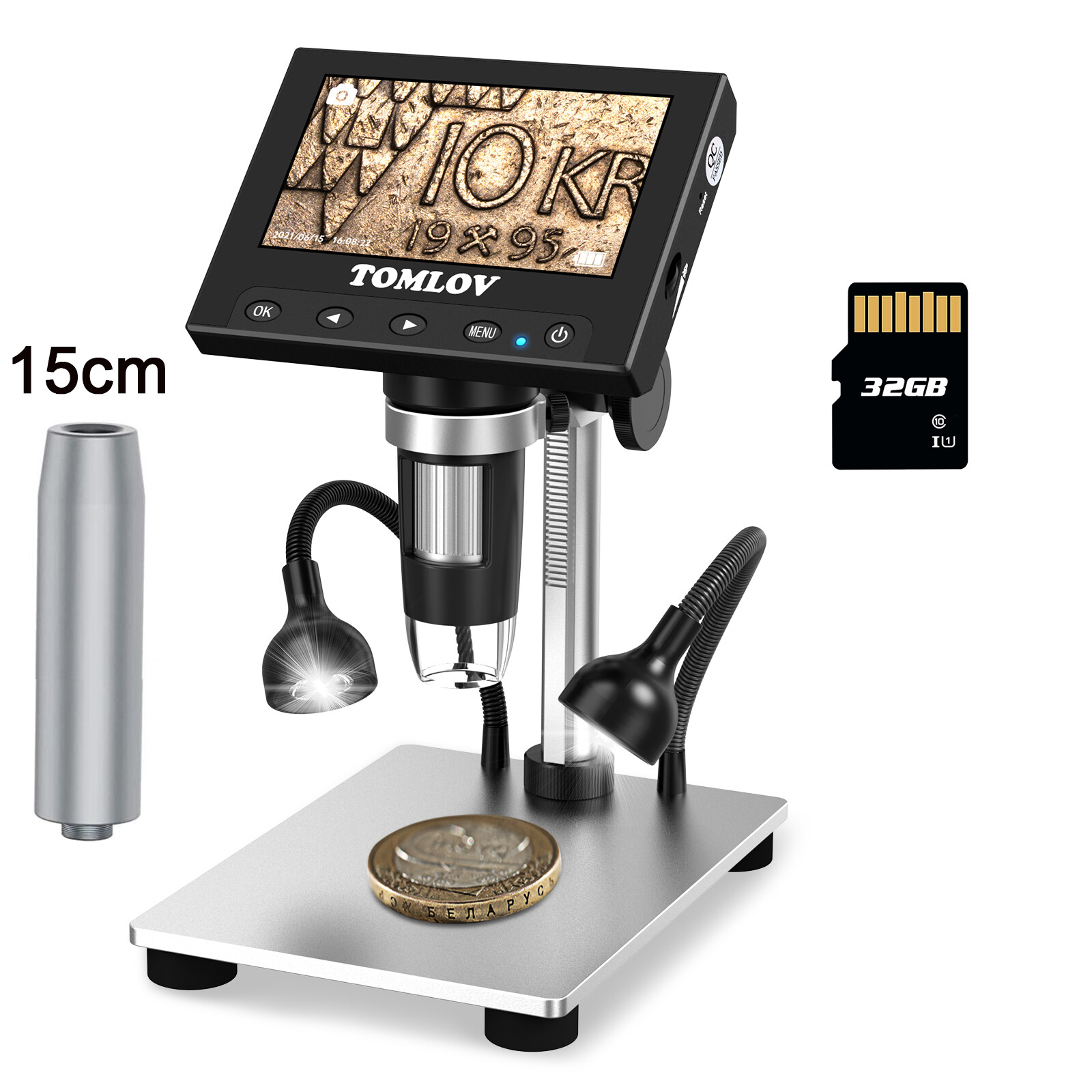 TOMLOV 1080P 4.3" Coin Microscope Digital Microscope 1000X Video Photo +6in Pole