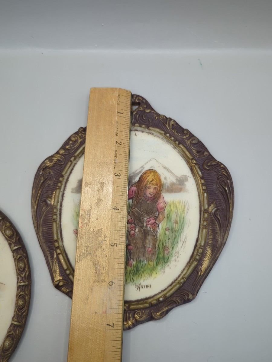 Vintage Artini Sculptured Engraving 4D Hand Painted Wall Art Pair