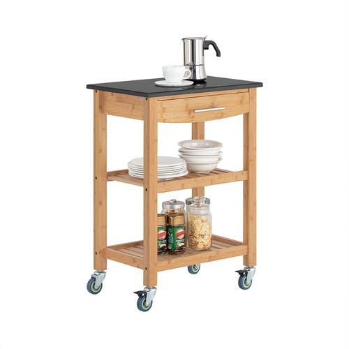 SoBuy Bamboo kitchen Trolley Cart with Black Granite Worktop, FKW28SCH