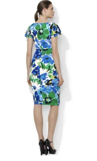 Lauren Ralph Lauren Cannes Blue Floral Flutter Sleeve Matte Jersey Dress  Size 18