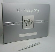 Our Wedding Day Guest Book With Silver Diamante Hearts & Silver Pen Present Gift