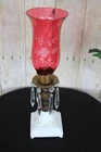 Vintage Cranberry Flash Glass Hurricane Candle Holder Crystal Prisms Milk Glass