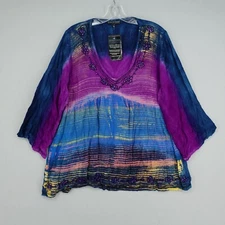 NWT Greater Good Tunic Top Womens S/M Blue Purple Hand Dyed Beaded Gauze Rayon