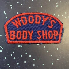 Vintage Woody’s Body Shop Automotive Patch Employee Uniform Hat 1D 3.25” X 1.75