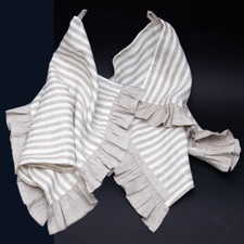 Set 2 Ruffled Linen Kitchen Towels gray stripe with loop Stonewashed beige
