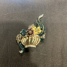 Gold basket of flowers brooch pin Unmarked Raja Sterling