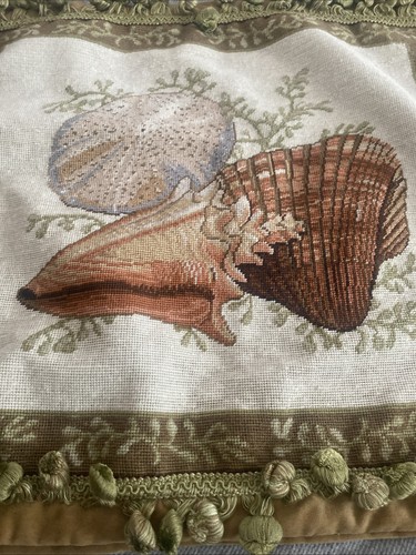 Wool Needlepoint Throw Pillow Wendy Russel Sea Shell Beach Cushion 18x20 Cover