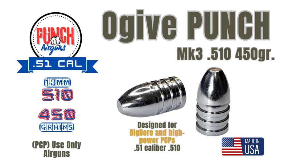 Pistolas de aire comprimido PUNCH EE. UU. 👊 .510 450grn. Pellets PCP Big Bore 25 unidades (solo pistolas de aire comprimido) Foto 2 de 4