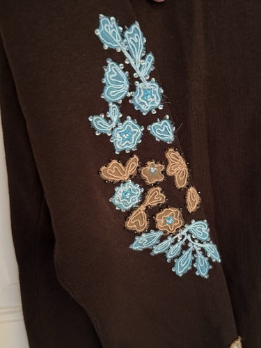 Rare! Sharon Young Embroidered Silk Blend Sweater, Brown, Floral, XL, EUC - Picture 4 of 11