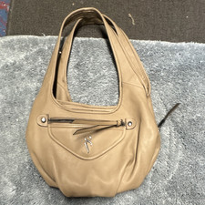 Women s Tan Crescent Shoulder Bag Zip Closure Silver Hardware Lined Pockets