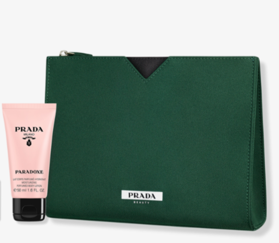 2 Pc PRADA Beauty Green Clutch Bag + Paradoxe Body Lotion 50mL