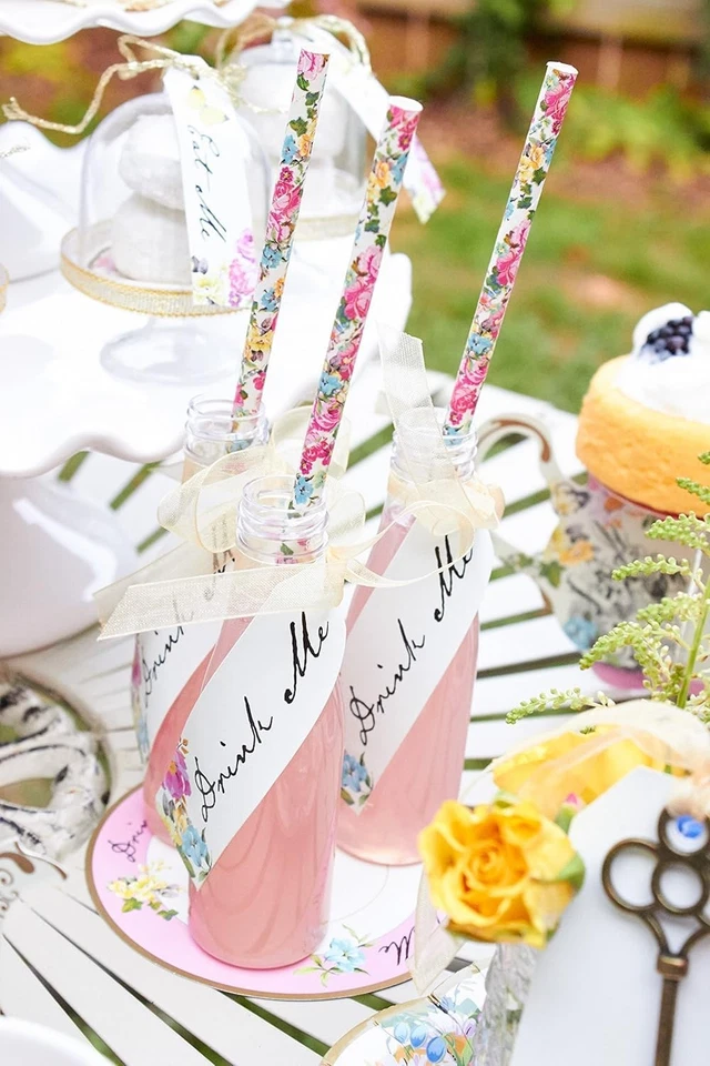 36 x Alice In Wonderland Party Favours Reusable Bottles with Tags Paper Straw... - Image 2 of 4