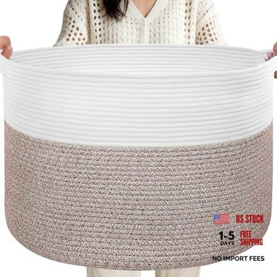 Extra Large Blanket Basket for Living Room - Cotton Rope 90L Brown & White