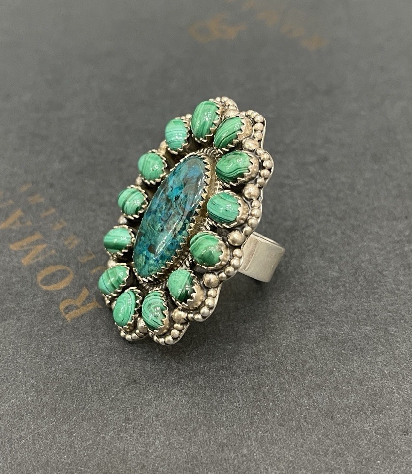Malachite Cluster Ring Sterling Silver Center Sto… - image 2