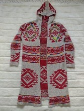 Women's Hooded Western Style Aztec Cardigan Gray Red Small