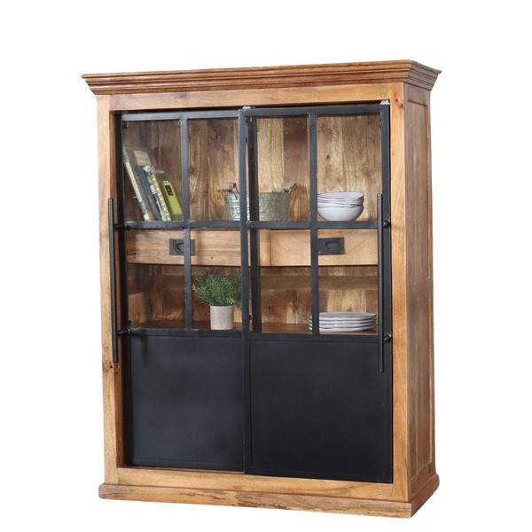 Highboard Hoxt 110Cm Vitrine Massiv Mangoholz & Eisen Industrial Gechirrschrank-image