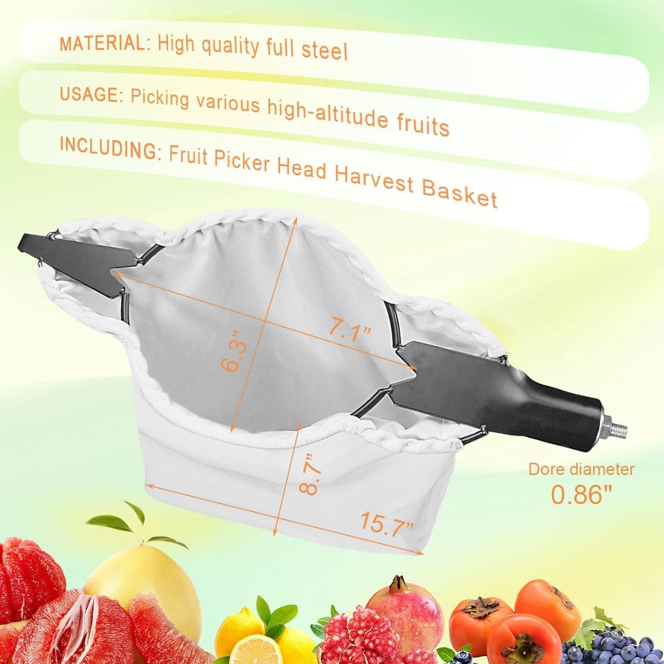 Fruit Picker Head Harvest Basket with Branch Hook Large Elastic Bag Garden Tool 