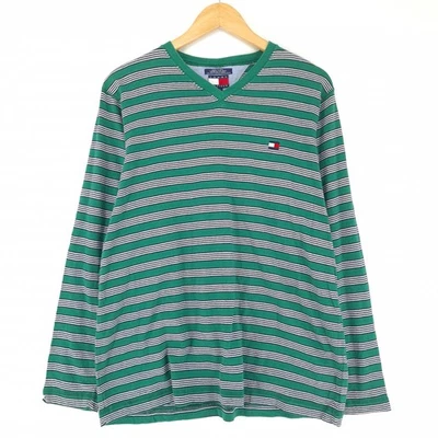 Vintage Pull Tommy Hilfiger Homme Vert Rayé Coton Col V Taille L - Photo 1/4