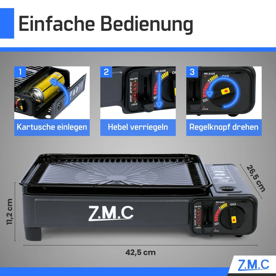 ZMC 2in1 Gaskocher Camping-Kocher + Gasgrill inkl. Gaskartuschen, Grillplatte - Bild 2 von 4