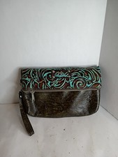 Patricia Nash Valerie Tooled Leather Fold-Over Wristlet Clutch Handbag Turquoise