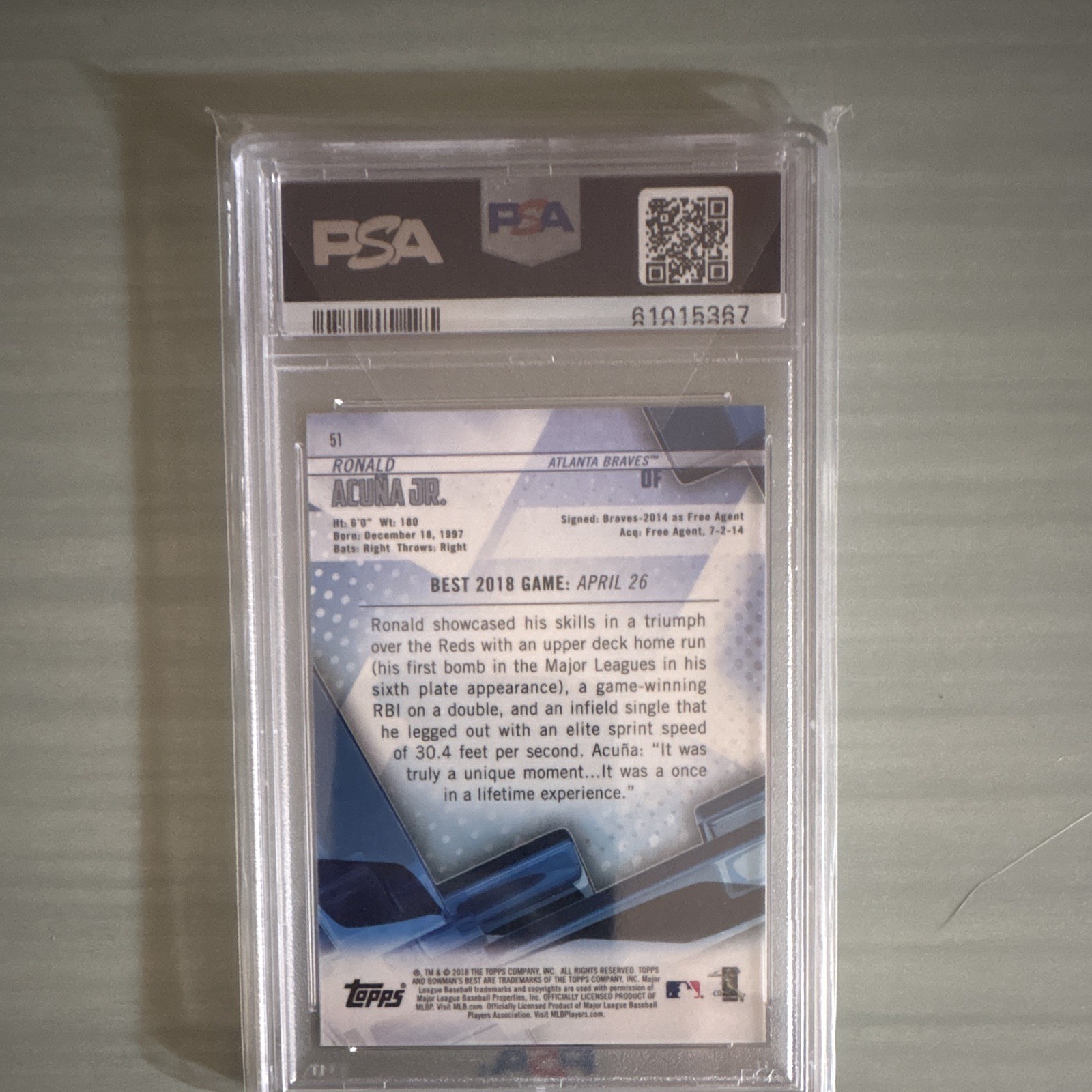 Topps 2018 Bowman's Best Ronald Acuna Jr. #51 RC Braves PSA 10 view 2