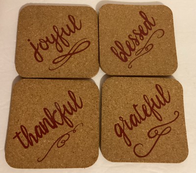 Set Of 4 Cork Coasters Joyful Blessed Thankful Grateful 4 X 4