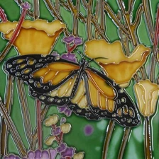 Butterfly hand painted ceramic art tile 6 x 6 inches with fiberboard back