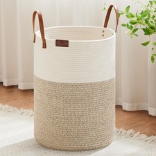 100L Tall Laundry Basket Large Dirty Clothes Woven Rope Hamper White Brown