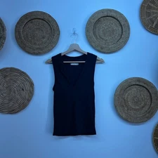 Free People Navy Blue Ribbed V-Neck Tank Top Medium Casual Layering